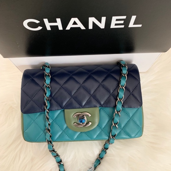 SOLD-CHANEL Blue Navy Green Lambskin Mini Bag - Picture 6 of 7
